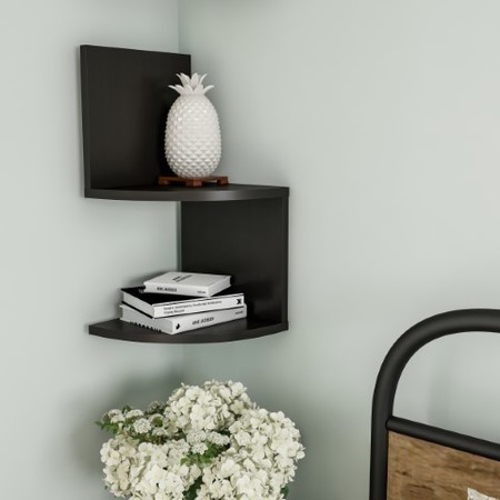 Hastings Home Floating Corner Shelf 2-tier Wall Shelves, Hidden Brackets to Display Decor, Hardware Included (Black) 814110OKN